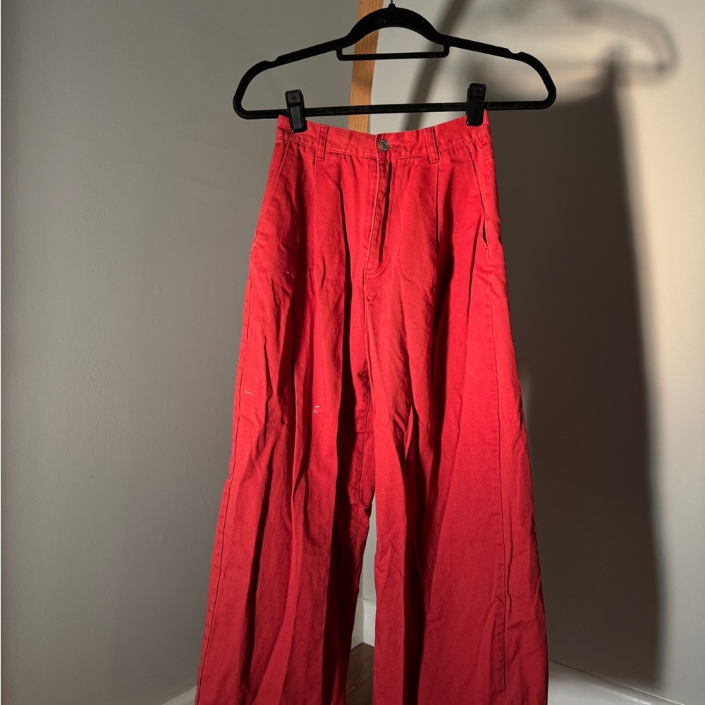 Red denim high waist wide leg pant
